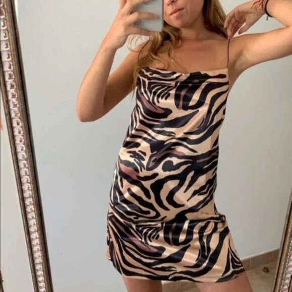 Zara Tiger Animal Print Cowl Neck Satin Slip Mini Dress Size Medium Brown Tan - Picture 1 of 16
